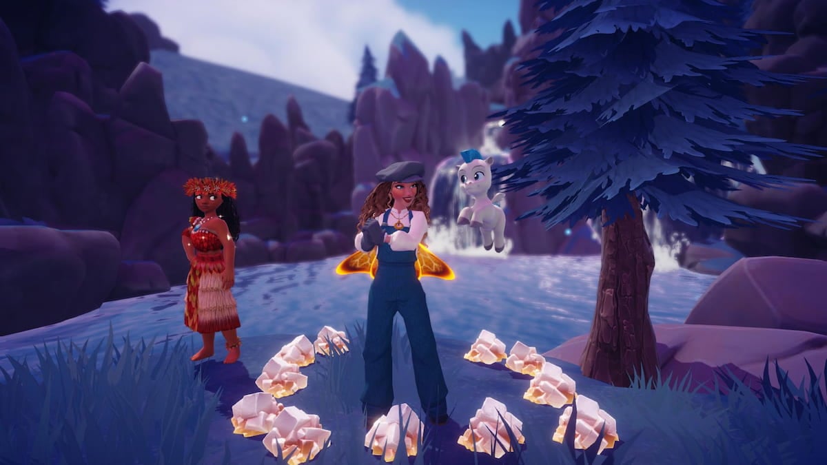 A player wearing overalls with curly hair looking at a flying white and blue pegasus with Moana standing nearby and a circle of Salt Crystal around them in Disney Dreamlight Valley.