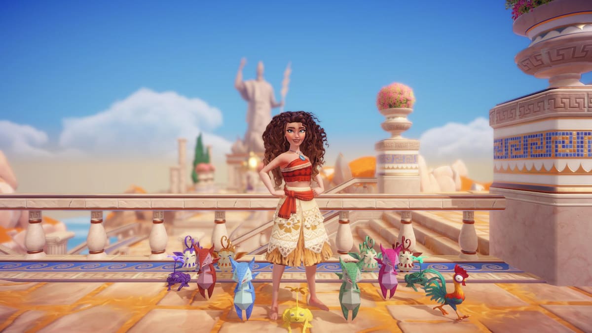 A player wearing a Moana dress standing surrounded by various colored Snippets in Disney Dreamlight Valley.