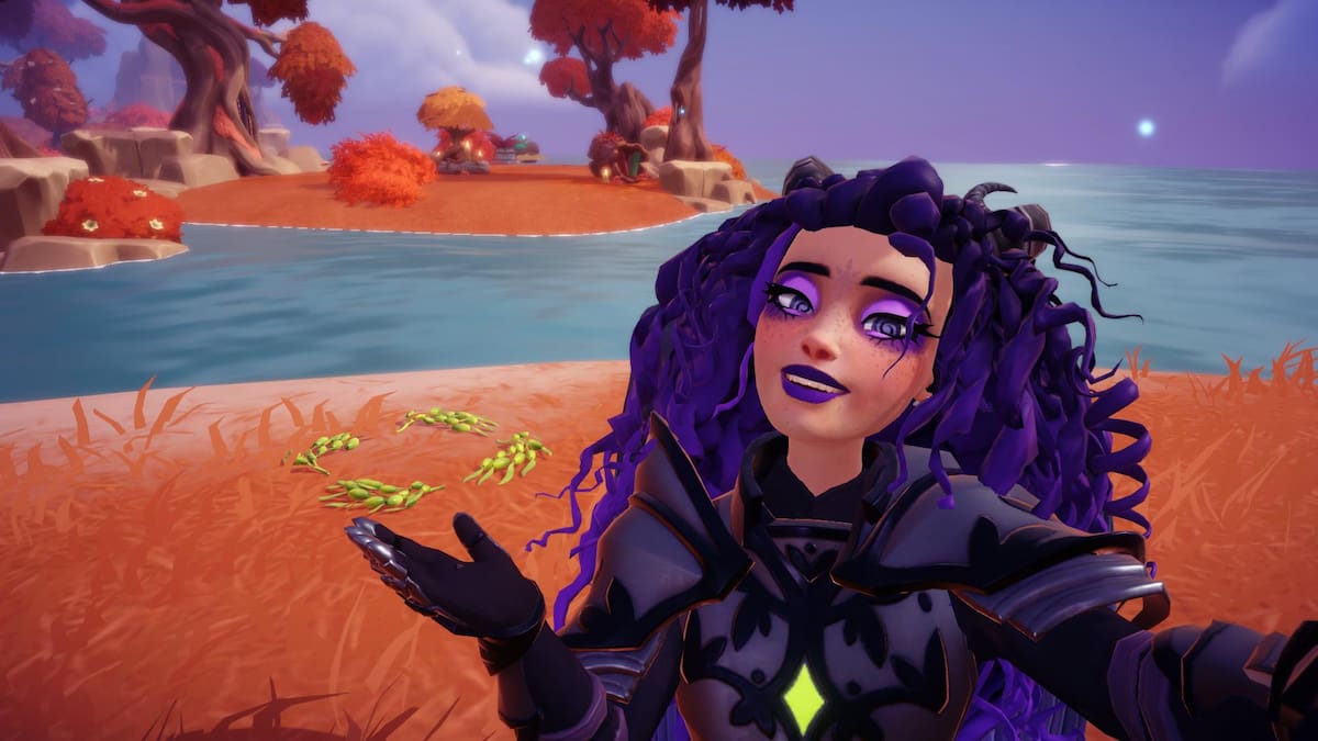 A player with purple curly hair and purple armor holding their arm out to highlight a circle of four green Sea Grapes on the ground in Disney Dreamlight Valley.