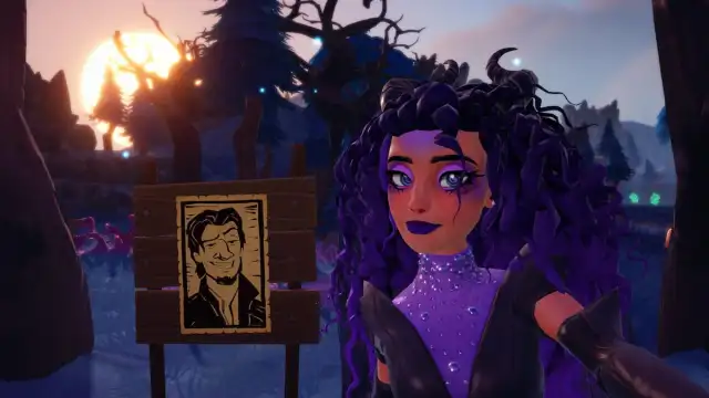 A player with curly purple hair taking a picture with a Flynn wanted poster in Disney Dreamlight Valley.