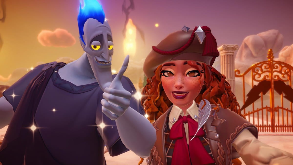 A player with curly hair smiling next to Hades with blue flame hair from Hercules as he lights his thumb on fire and grins in Disney Dreamlight Valley.