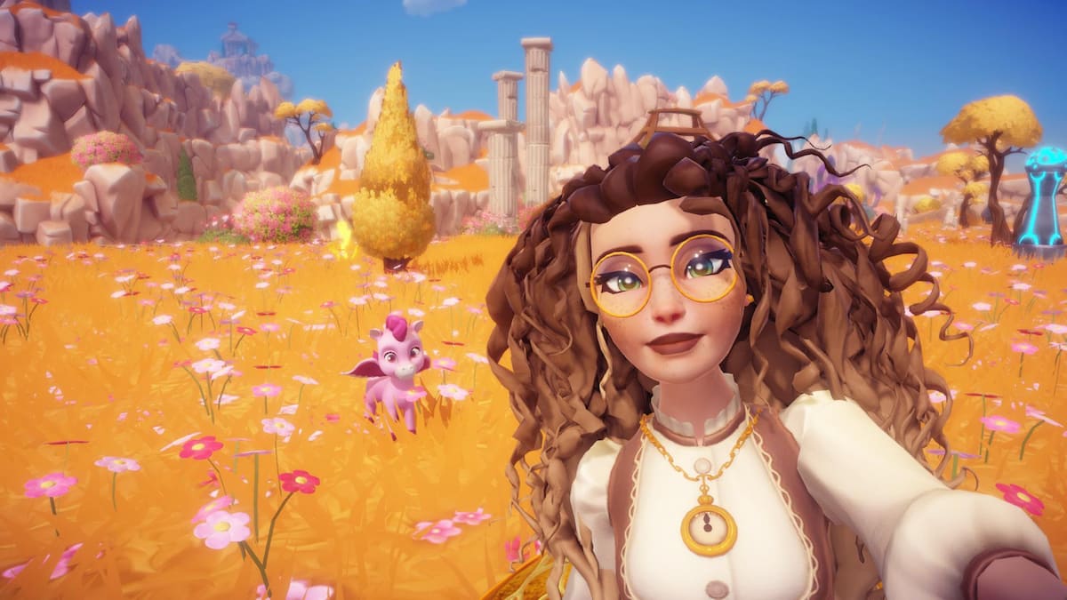 The player taking a picture with a Pink Pegasus in the flower fields of Mythopia in Disney Dreamlight Valley.