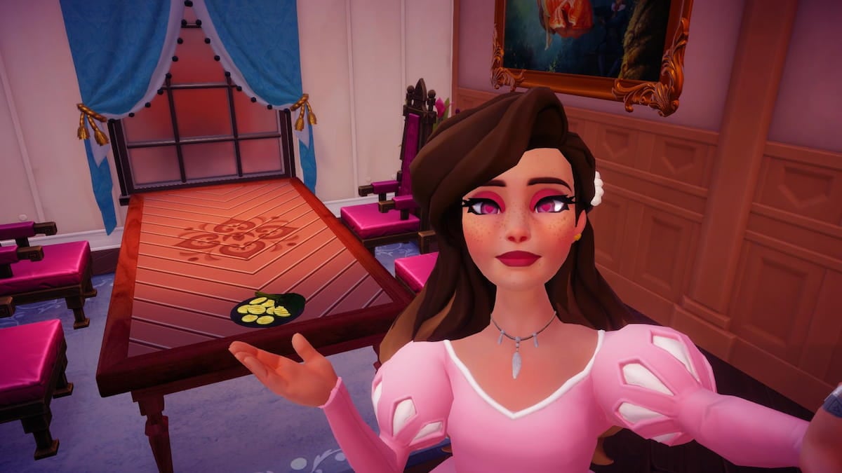 A player wearing a pink dress taking a picture with Tasty Veggies sitting on a dining table in Disney Dreamlight Valley.