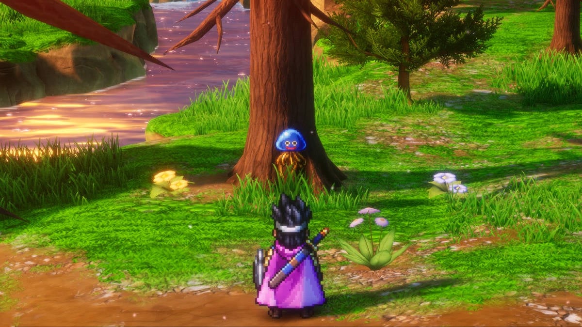 Dragon Quest 3 HD-2D Remake monster rescue list: The hero approaches a shy Healslime standing near a tree.