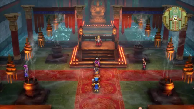 Dragon Quest 3 HD-2D Remake Party Comp Classes: The party approaches the abbot in the abbey, who is standing next to a fountain. Other people are milling around nearby.