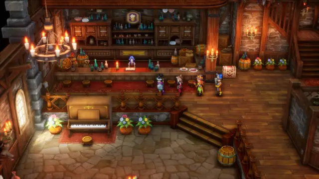 Dragon Quest 3 HD-2D Remake Party Comp Classes: A Party consisting of a Hero, Monster Wrangler, Mage, and Priest are standing in an almost empty bar.