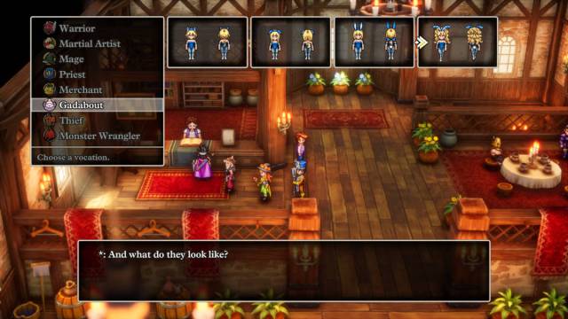 Dragon Quest 3 HD-2D Remake Party Comp Classes: The Hero is trying to recruit a Gadabout in the tavern.