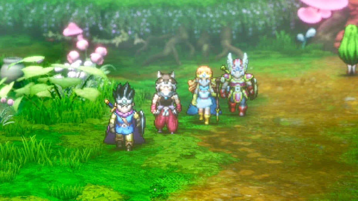 Dragon Quest 3 HD-2D Remake Party Comp Classes: a Hero, Monster Wrangler, Sage, and Warrior standing in a forest.