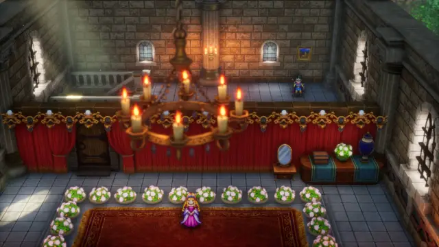 Dragon Quest 3 HD-2D Remake personality quiz: the hero is standing in a corridor near some stairs. The next room has a queen standing in the middle of it.