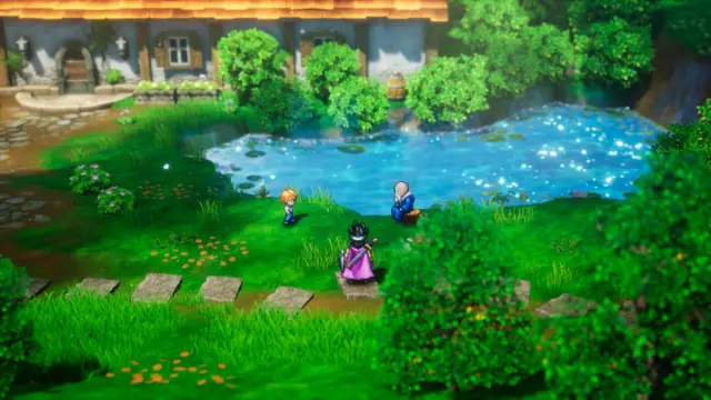 Dragon Quest 3 HD-2D Remake personality quiz scenarios: the hero stands in a quaint village full of trees and a pond. An old man and his grandson are standing next to the pond.