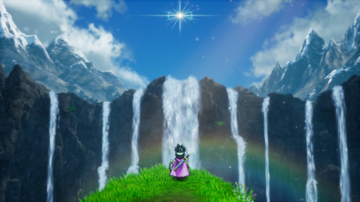 Dragon Quest 3 HD-2D Remake personality quiz: the hero is standing at the edge of a cliff looking at a waterfall. A bright star shines in the sky.