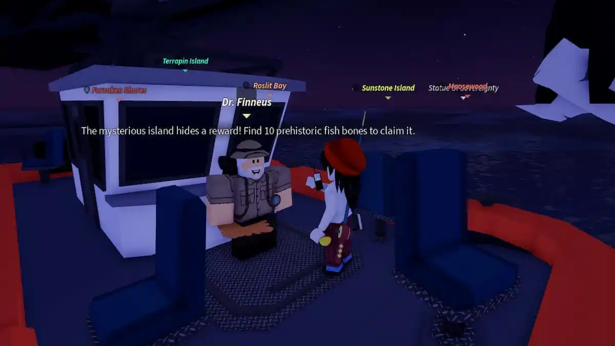 Dr. Finneus, a white old man with white hair and beard, on a boat with a Roblox player.