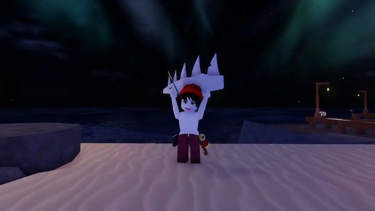 A Roblox player holding a fish bone over their head.