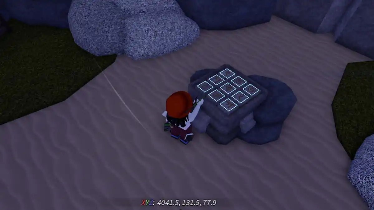 A roblox player in front of a glowing stone puzzle in Fisch.