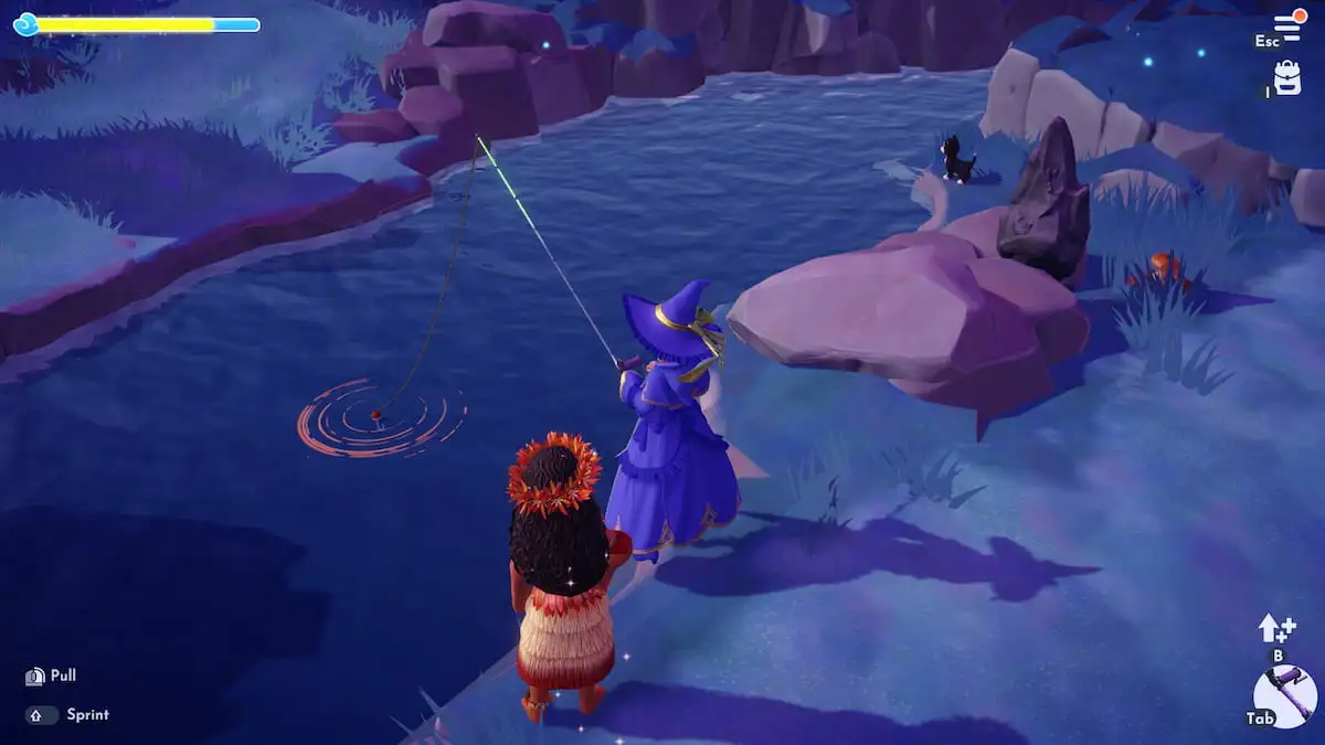 A player dressed in a purple and golden witch outfit fishing in a river with Moana standing next to them in Disney Dreamlight Valley.