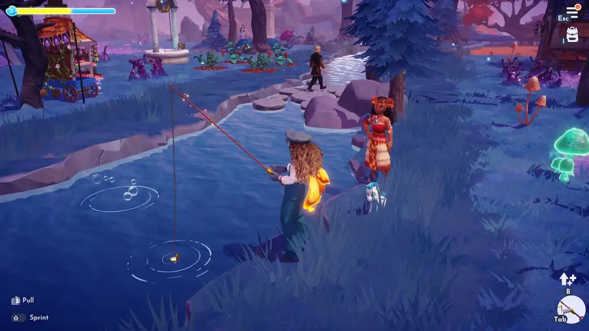 A player holding a fishing rod casting for Crystal Salt in a river while Moana and a white and blue Pegasus watch in Disney Dreamlight Valley.