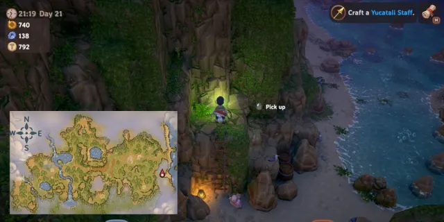 Player picking up glowing green crystal Forest Offerings in Luma Island with map.