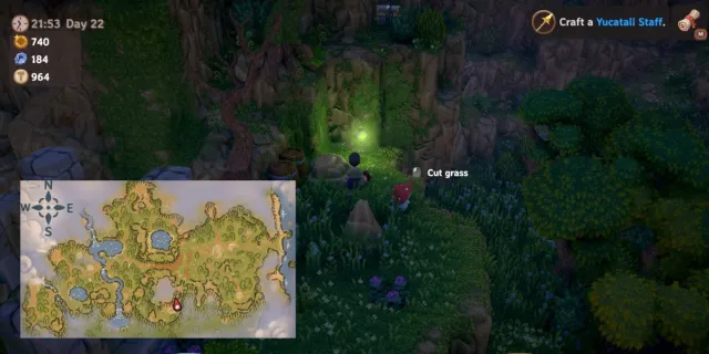 Player picking up glowing green crystal Forest Offerings in Luma Island with map.