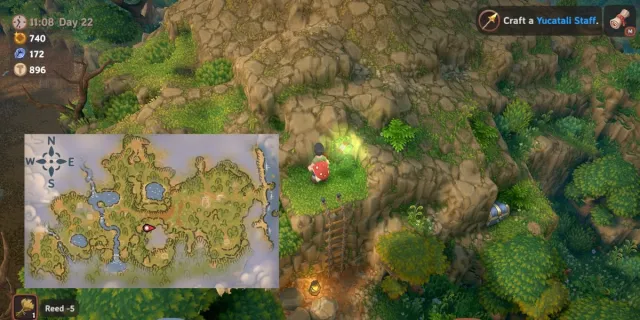 Player picking up glowing green crystal Forest Offerings in Luma Island with map.