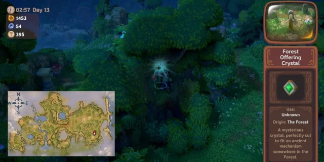 Player picking up glowing green crystal Forest Offerings in Luma Island with popup text box and map.