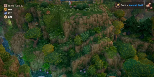 Player hiding in bushes on Luma Island forest steep ledge.