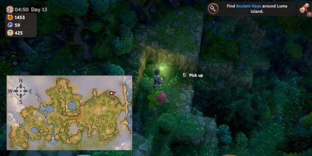 Player picking up glowing green crystal Forest Offerings in Luma Island with map.