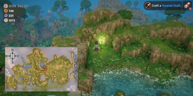 Player picking up glowing green crystal Forest Offerings in Luma Island with map.