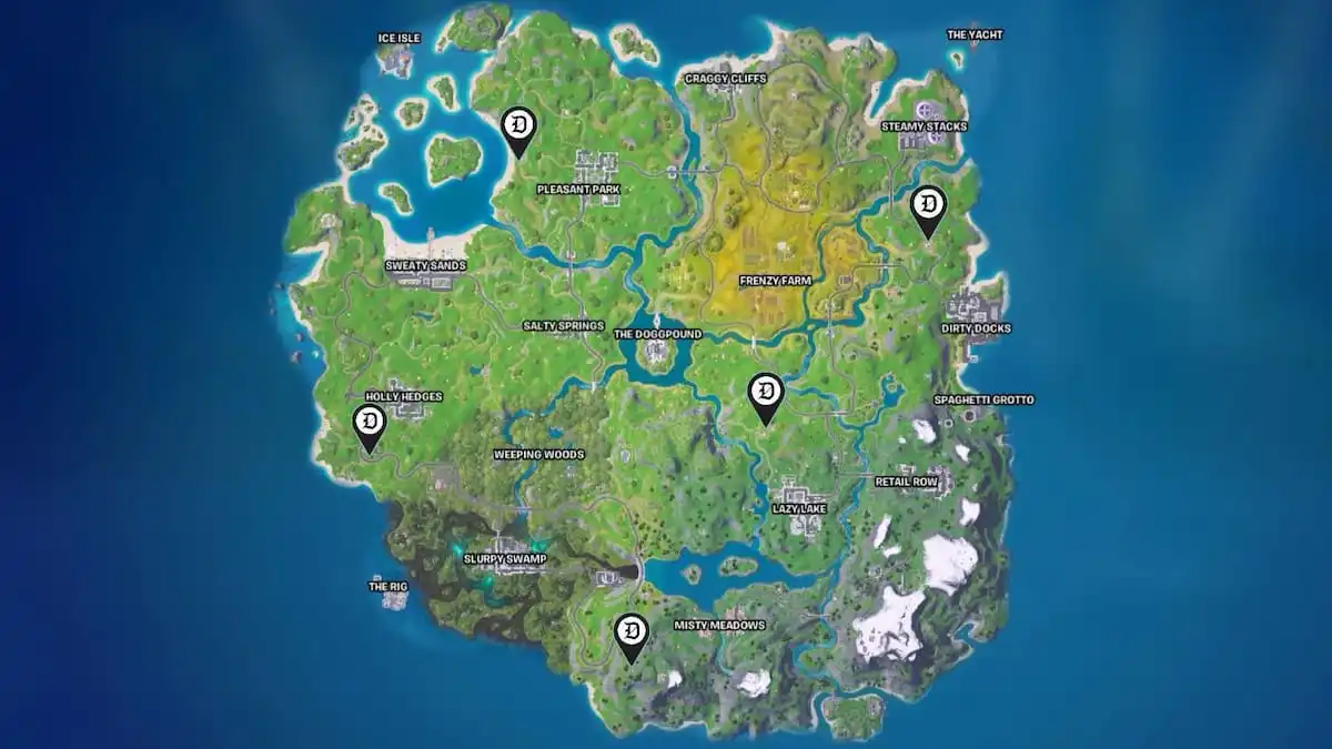 Five military camps marked on the Fortnite Remix island map.