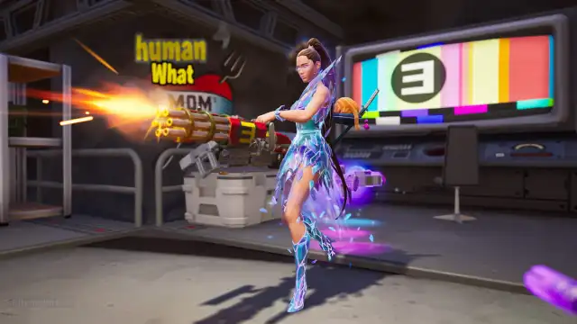 Ariana Grande shooting Eminem's RG Minigun in his vault in Fortnite Remix.