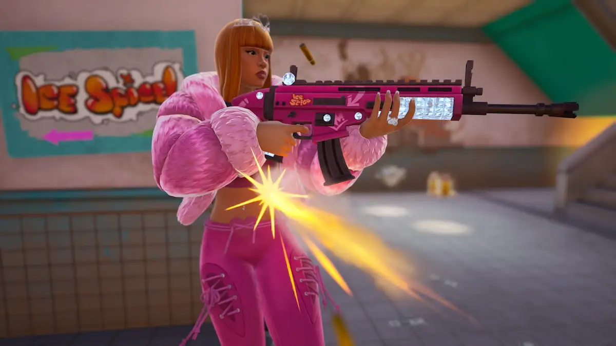 Ice Spice wearing a full pink outfit and using her Mythic Rifle in Fortnite Remix.