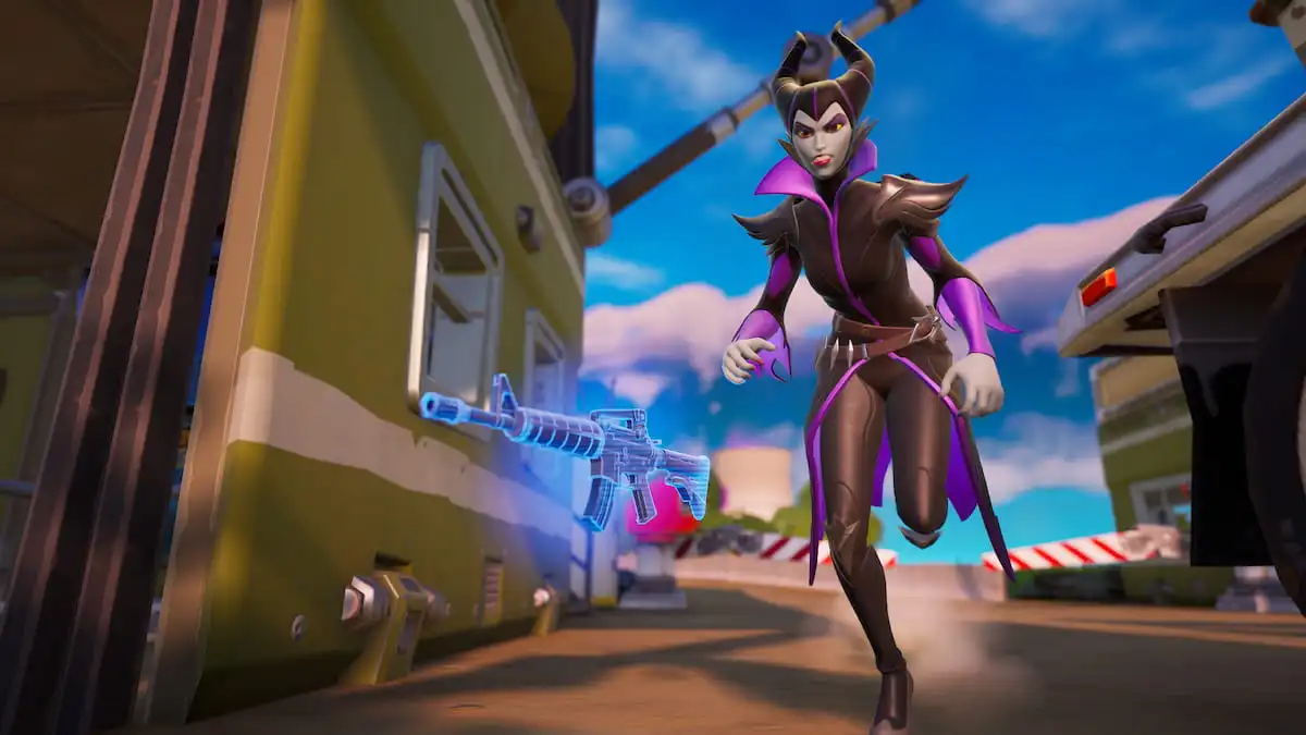 Maleficent running towards a blue weapon on the ground in a military camp in Fortnite.