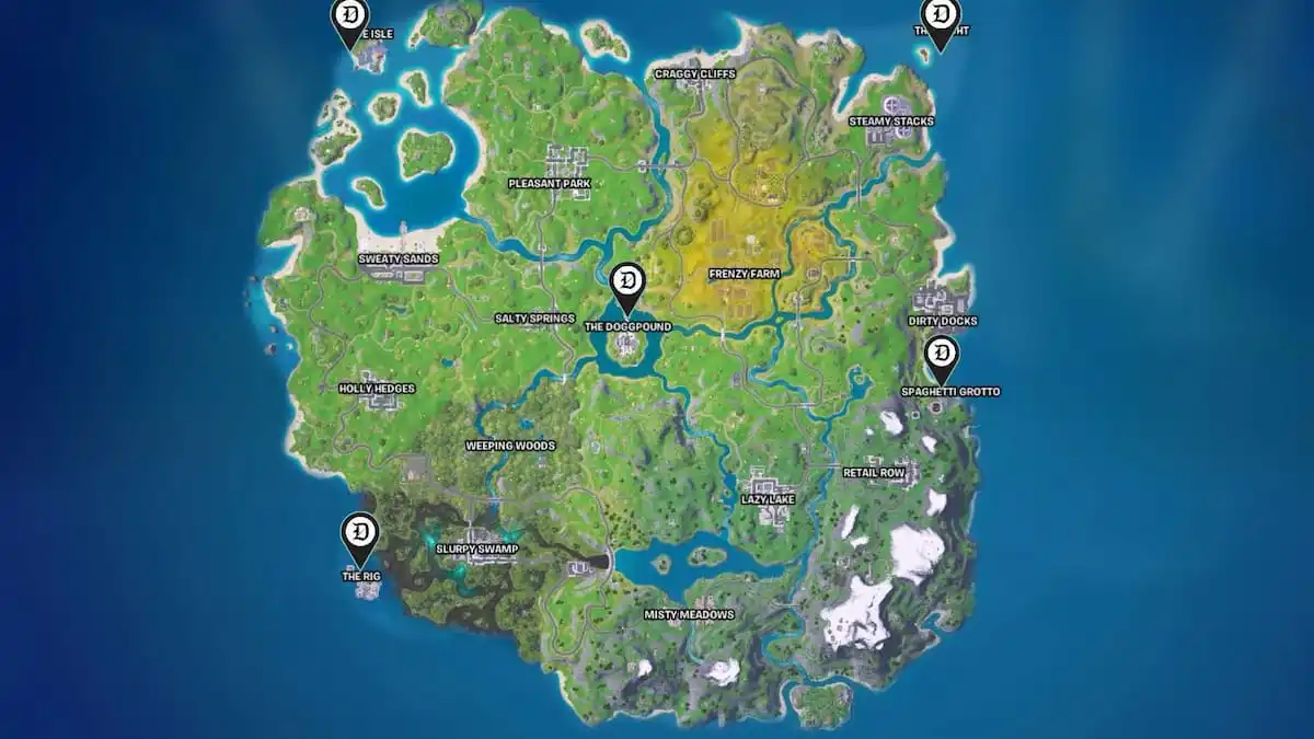 All Mythic weapon locations marked on a map in Fortnite Remix.