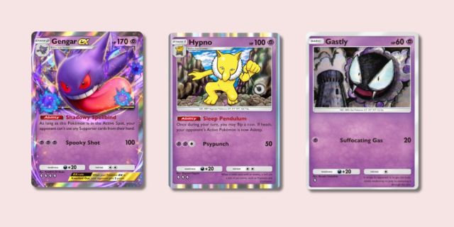 Gengar ex, Hypno, and Gastly Pokémon cards from Pokémon TCG Pocket.