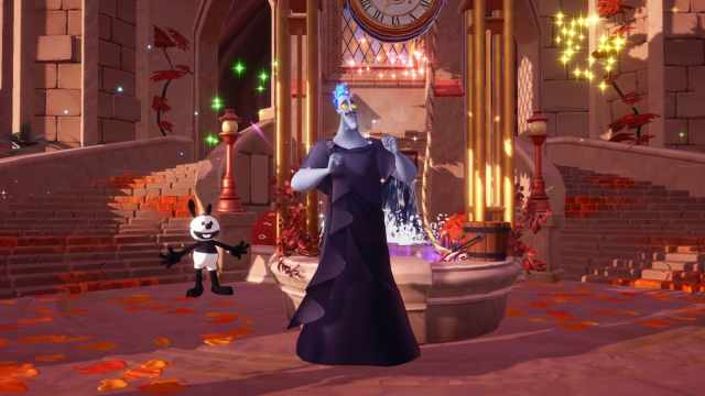 Hades standing by a well looking up and smiling while colorful fireworks go off in the background and Oswald stands behind him with a smile in Disney Dreamlight Valley.