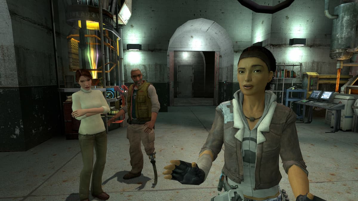 Alyx and her dad Eli Vance standing with beliwdered looks and staring at the camera (Gordon Freeman).