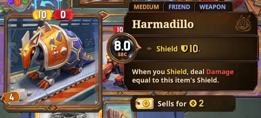 Harmadillo item in the bazaar. When you shield, deal damage equal to this item's shield.