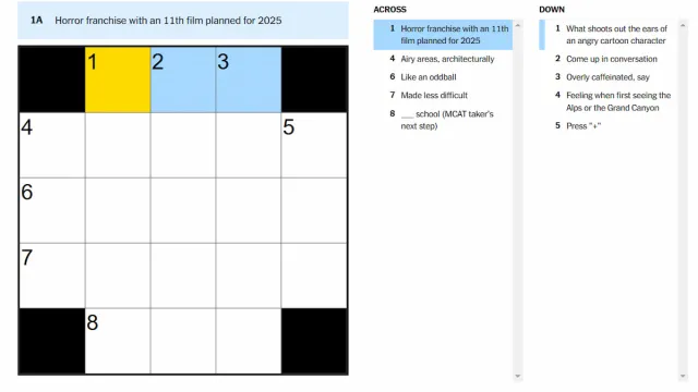 The Horror franchise with an 11th film planned for 2025 clue highlighted on the NYT Mini Crossword.