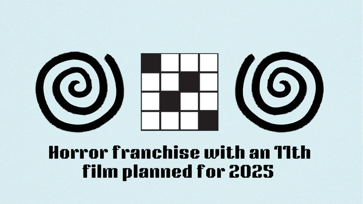 Two black spirals next to the Horror franchise with an 11th film planned for 2025 clue for the NYT Mini Crossword puzzle.