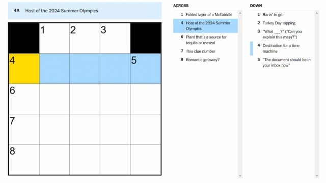 The Host of the 2024 Summer Olympics clue highlighted on the NYT Mini Crossword puzzle.