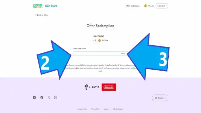 Pikmin Bloom code redemption page