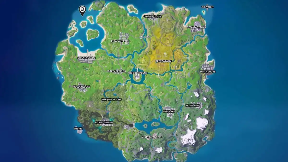 The Fortnite Remix map with Ice Spice's Ice Isle location marked.