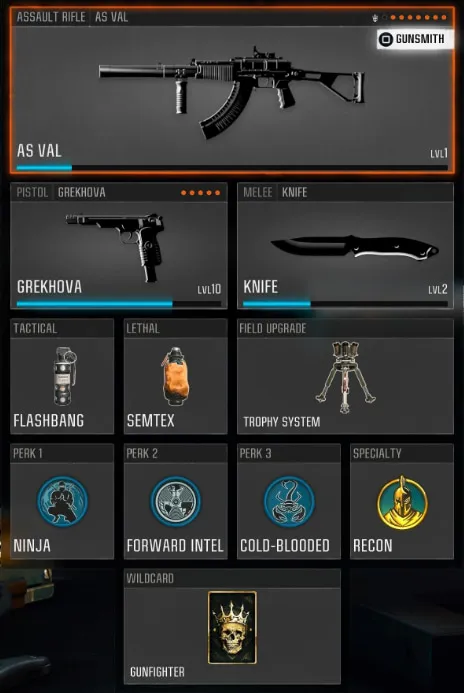 Th best AS VAL loadout items and perks, including an automatic pistol, knife, and other icons.