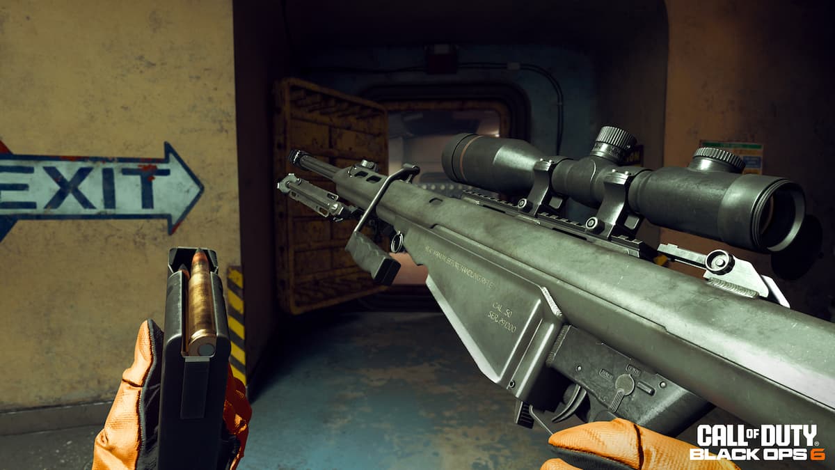 AMR Mod 4 sniper rifle in Black Ops 6. An operator is looking at bullet in its magazine as they reload it.