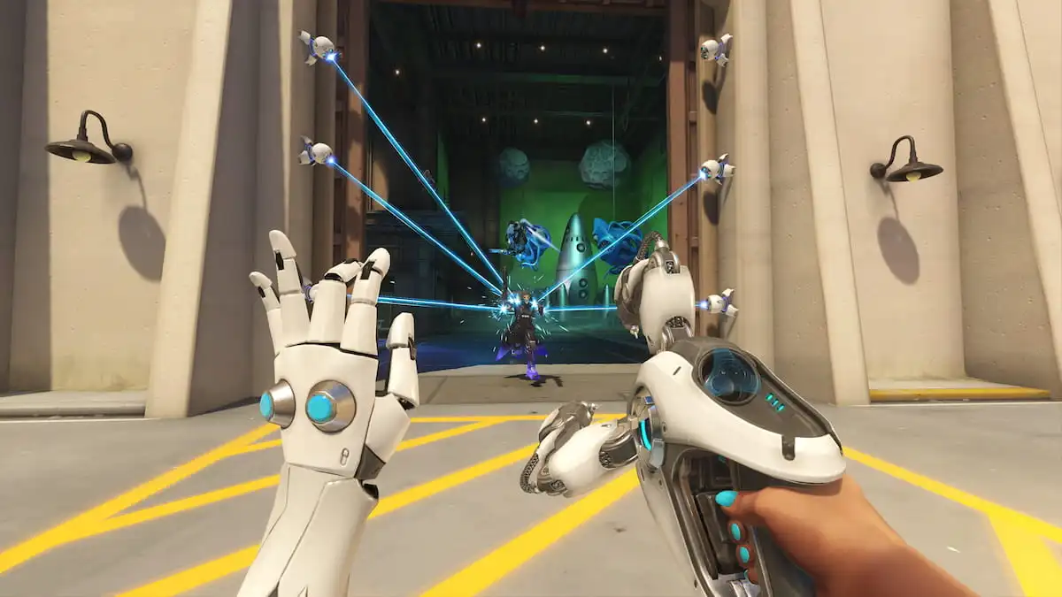 Several Symmetra turrets connect as blue beams to a Reaper running forward