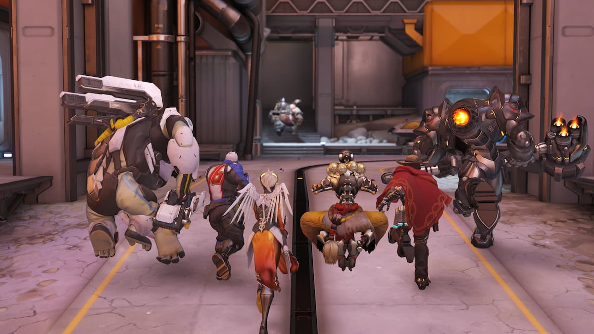 Winston, Soldier, Mercy, Zenyatta, Cassidy, and Reinhardt in Overwatch: Classic mode