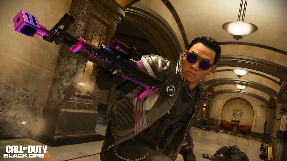 An operator in sunglasses and a bomber jacket aims a pink and purple rifle.