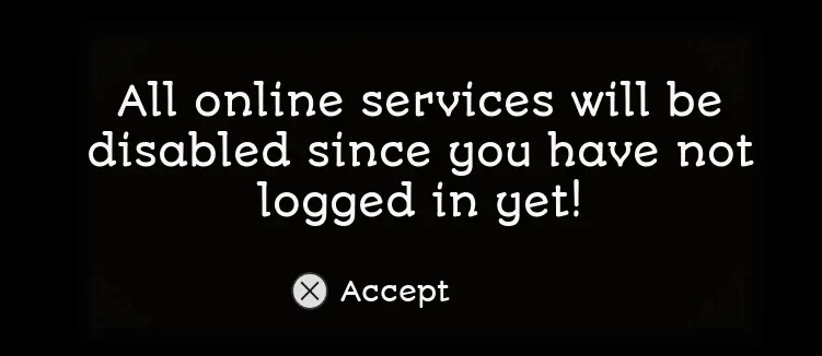 A screenshot from Towers of Aghasba with white text on a black background, reading: "All online servers will be disabled since you have not logged in yet!"