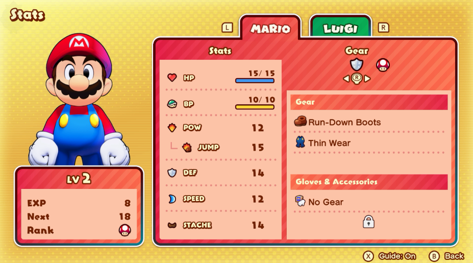 main stats window in mario brothership showscased mario with a strong atk and bp build.