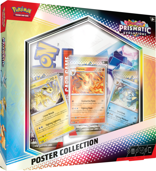 Prismatic Evolutions poster collection with three packs, a stunning jolteon, flareon,a nd vaporeon cards