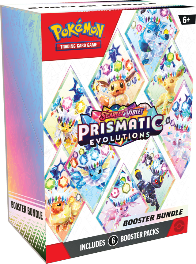 Prismatic Evolutions booster bundle box that has six card packs inside of it